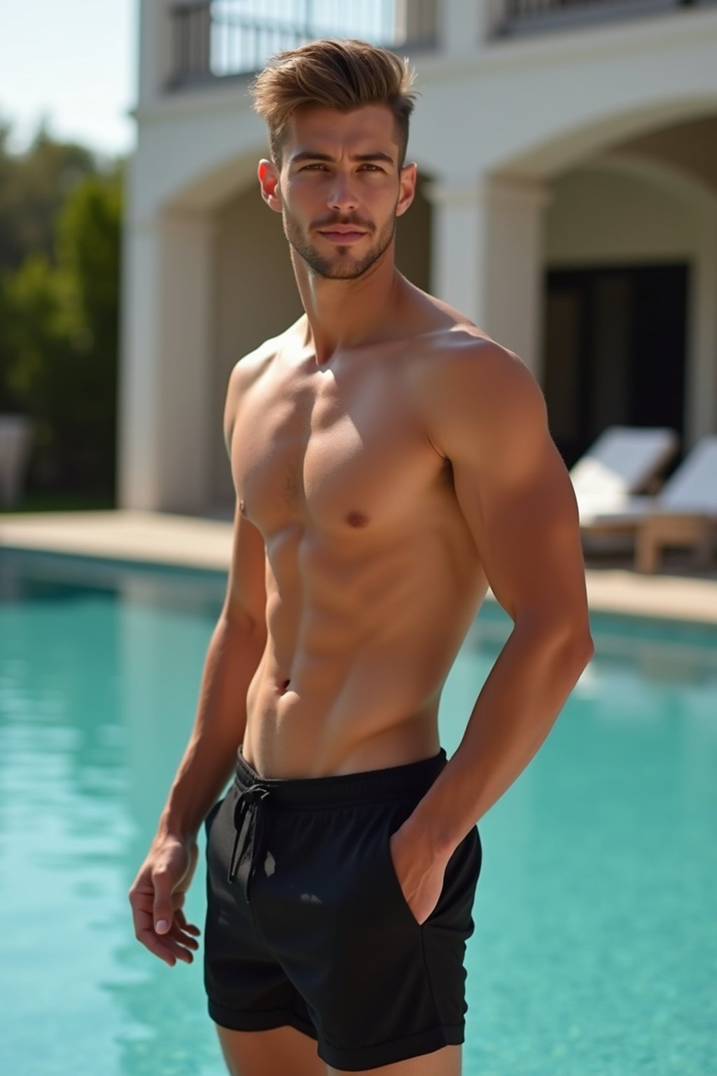 man  wearing  , , fit body very man, in front of luxury villa,  black shorts, sexy, beautiful, man