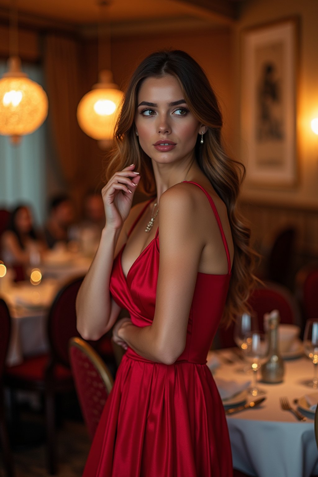 a woman wearing luxurious dress  in luxury restaurant, instagram photo, instagram, hourglass figure