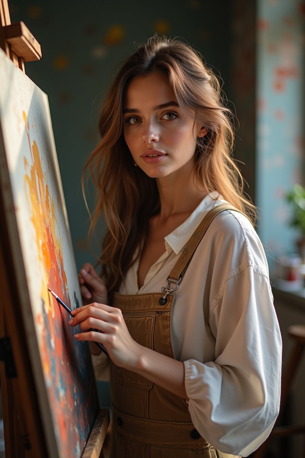 a woman as artistic painter in  art studio with wooden easel and paint