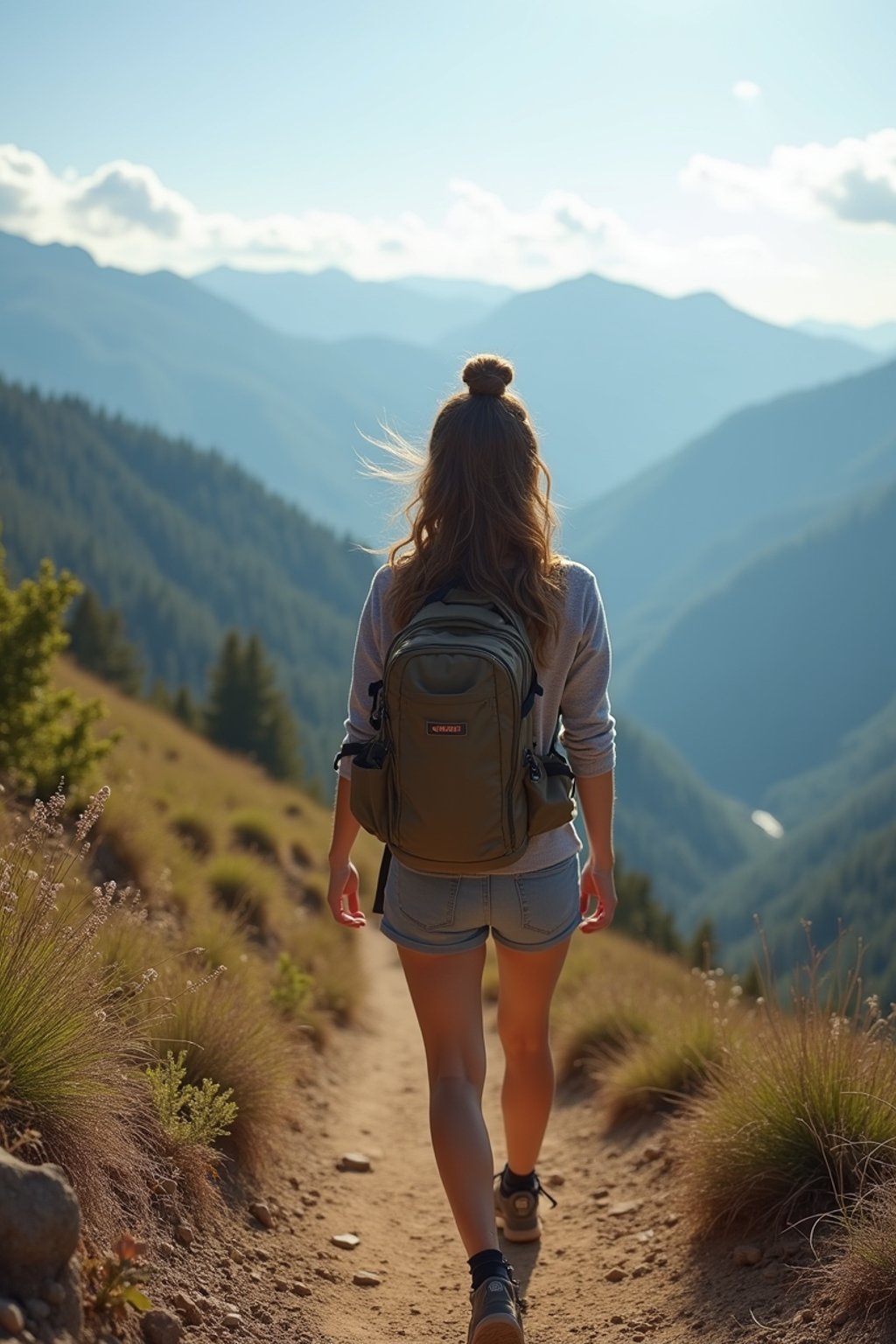 woman on a hiking trail, overlooking a breathtaking mountain landscape