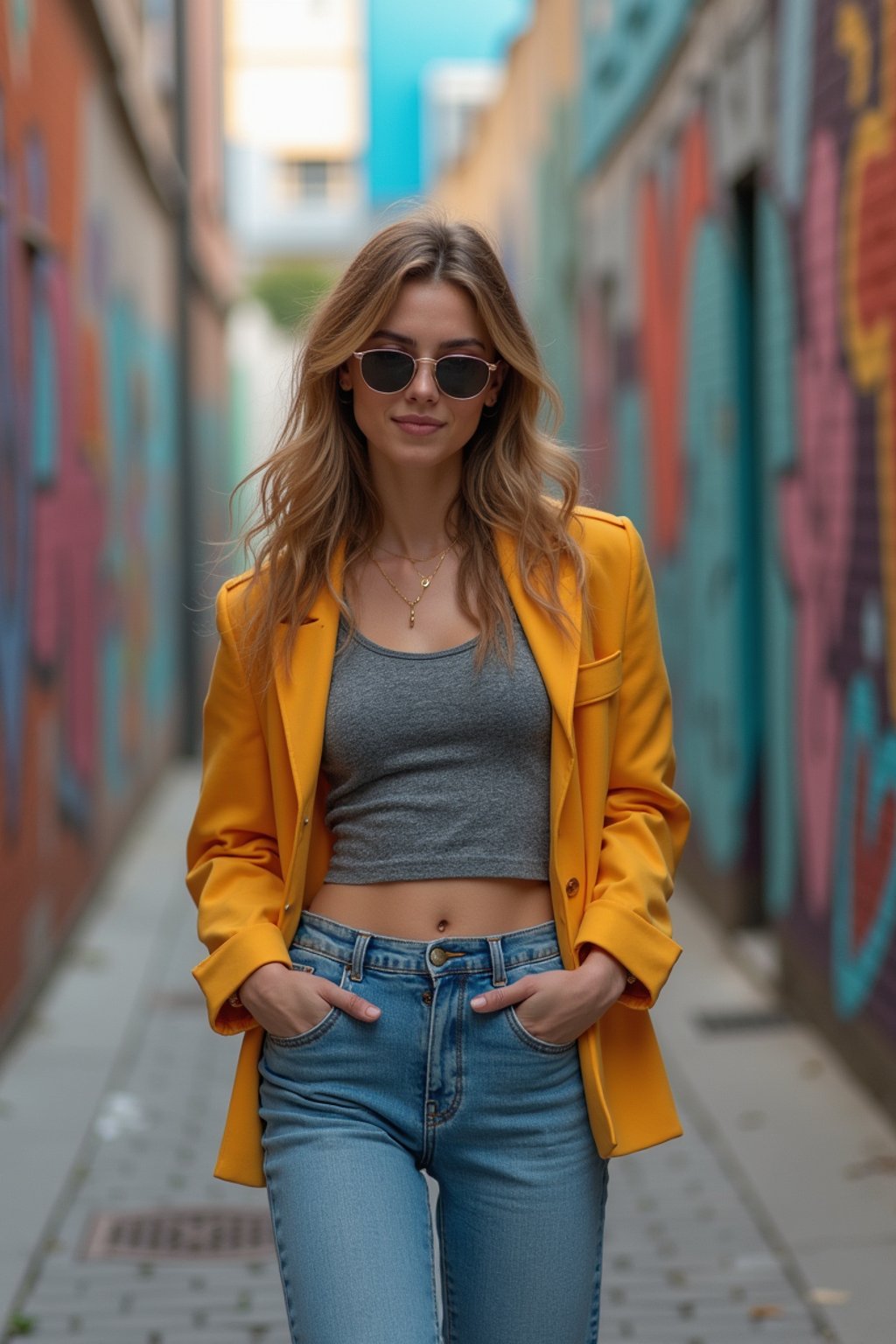 woman wearing a trendy outfit, walking down a street lined with colorful murals