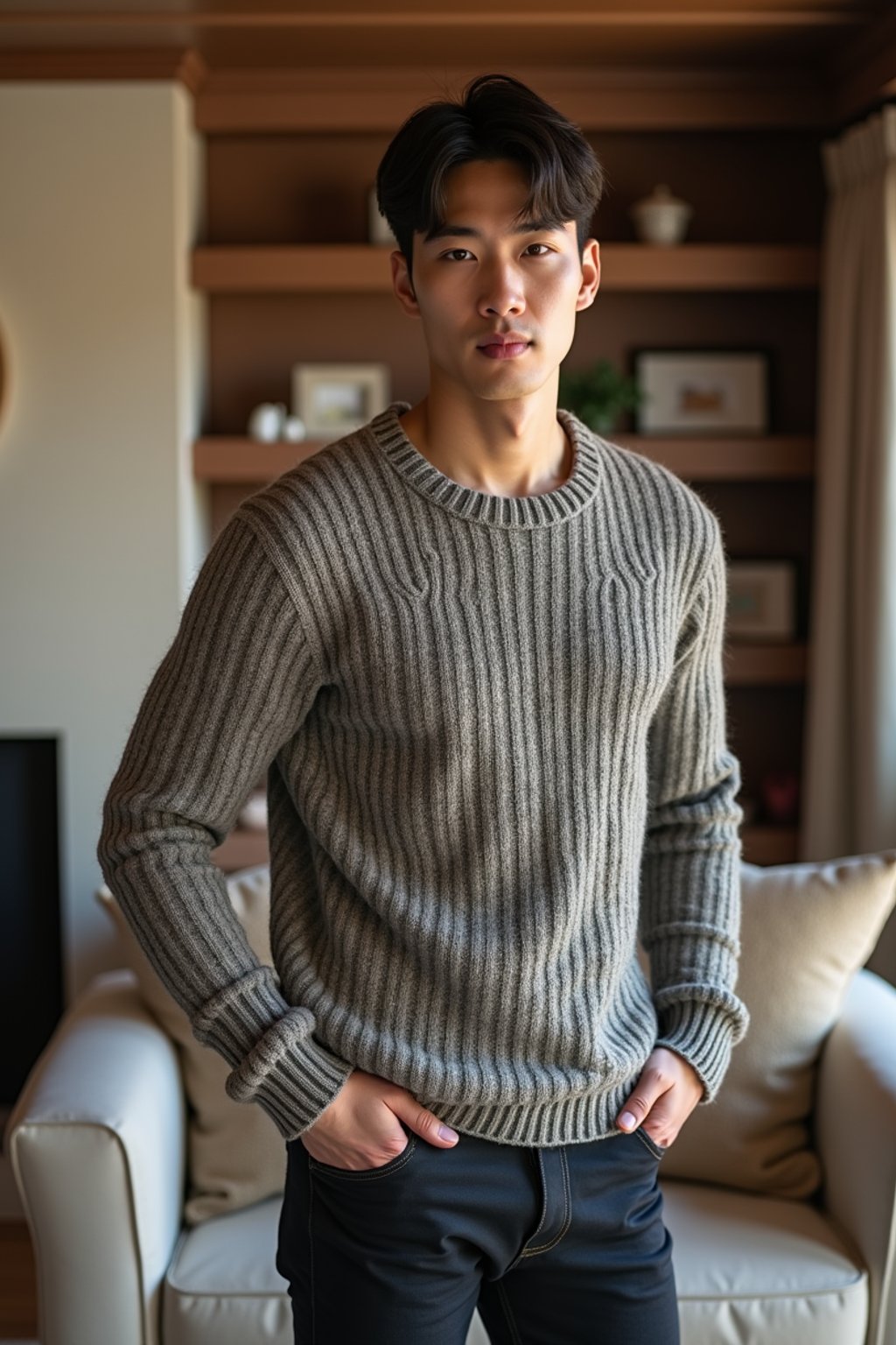 a man wearing knitted sweater) in luxury villa living room, instagram photo, instagram,  fit body