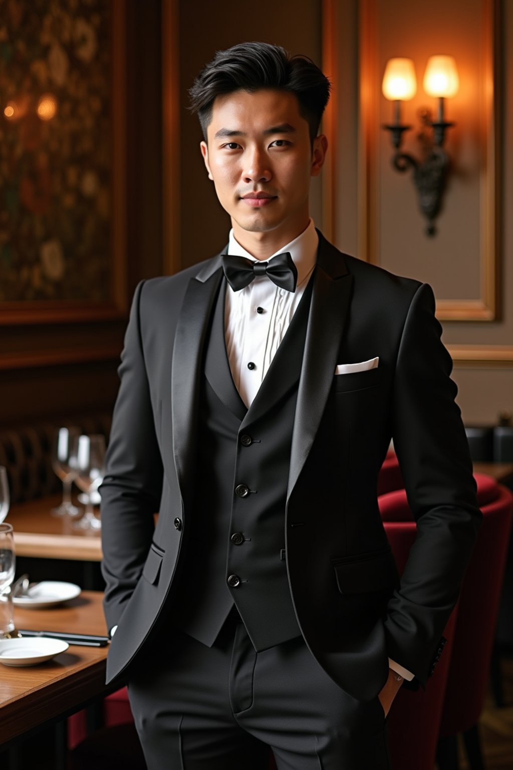 a man wearing  luxurious suit in luxury restaurant, instagram photo, instagram,  fit body