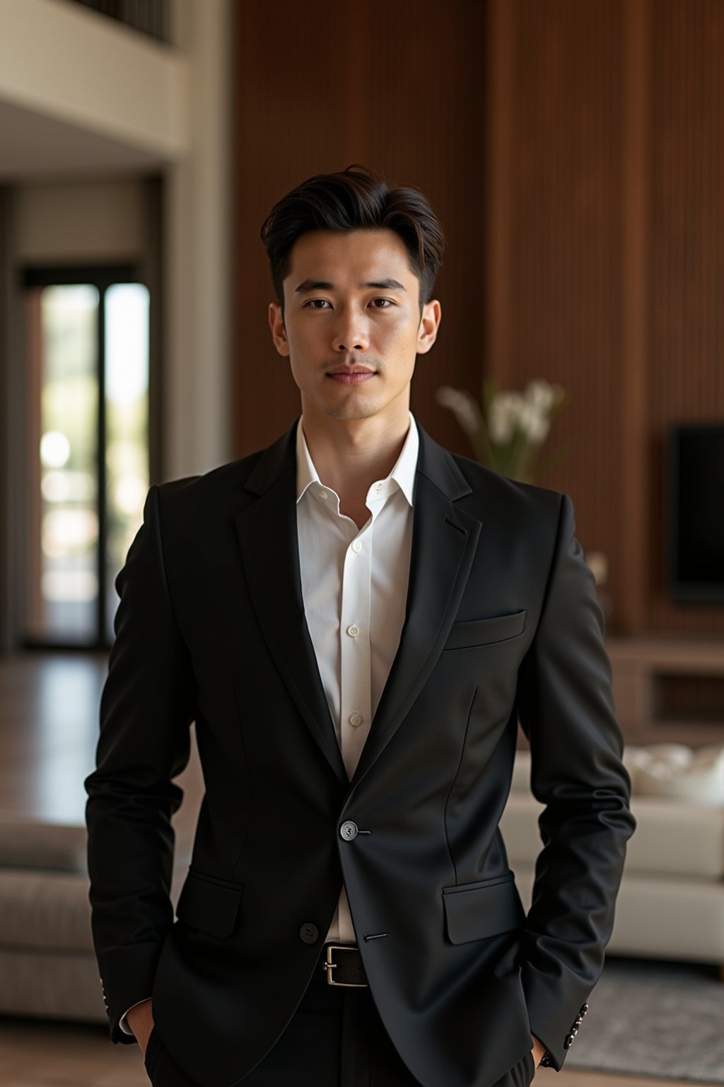 a man wearing  black suit in luxury villa living room, instagram photo, instagram,  fit body