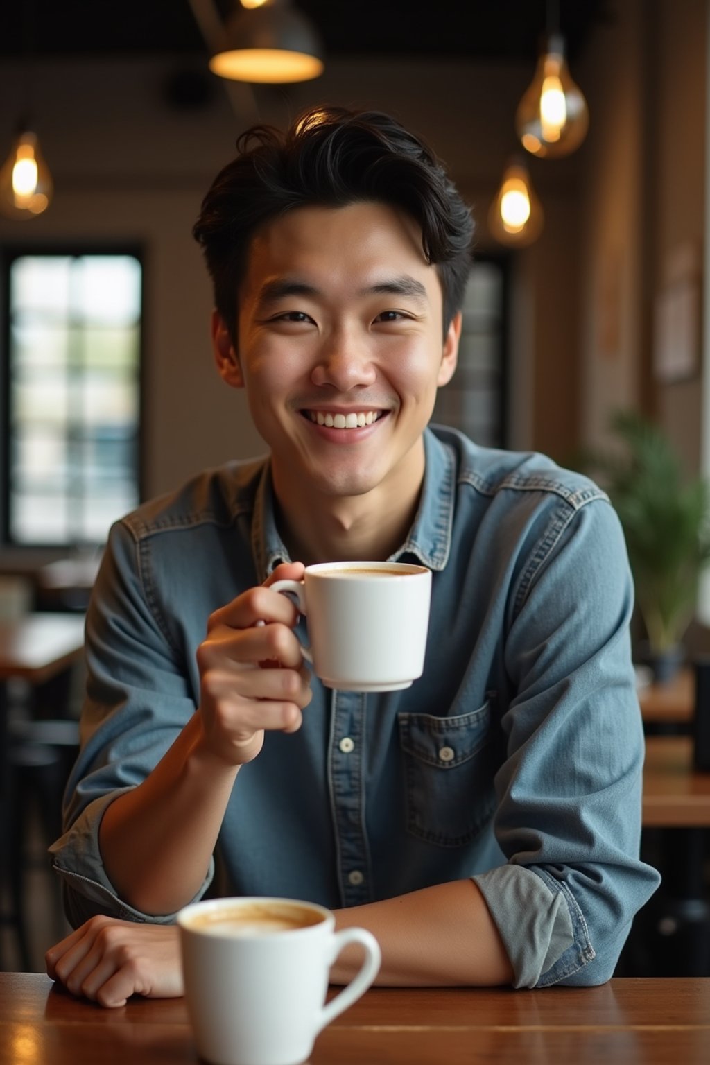 man in a trendy café, holding a freshly brewed cup of coffee