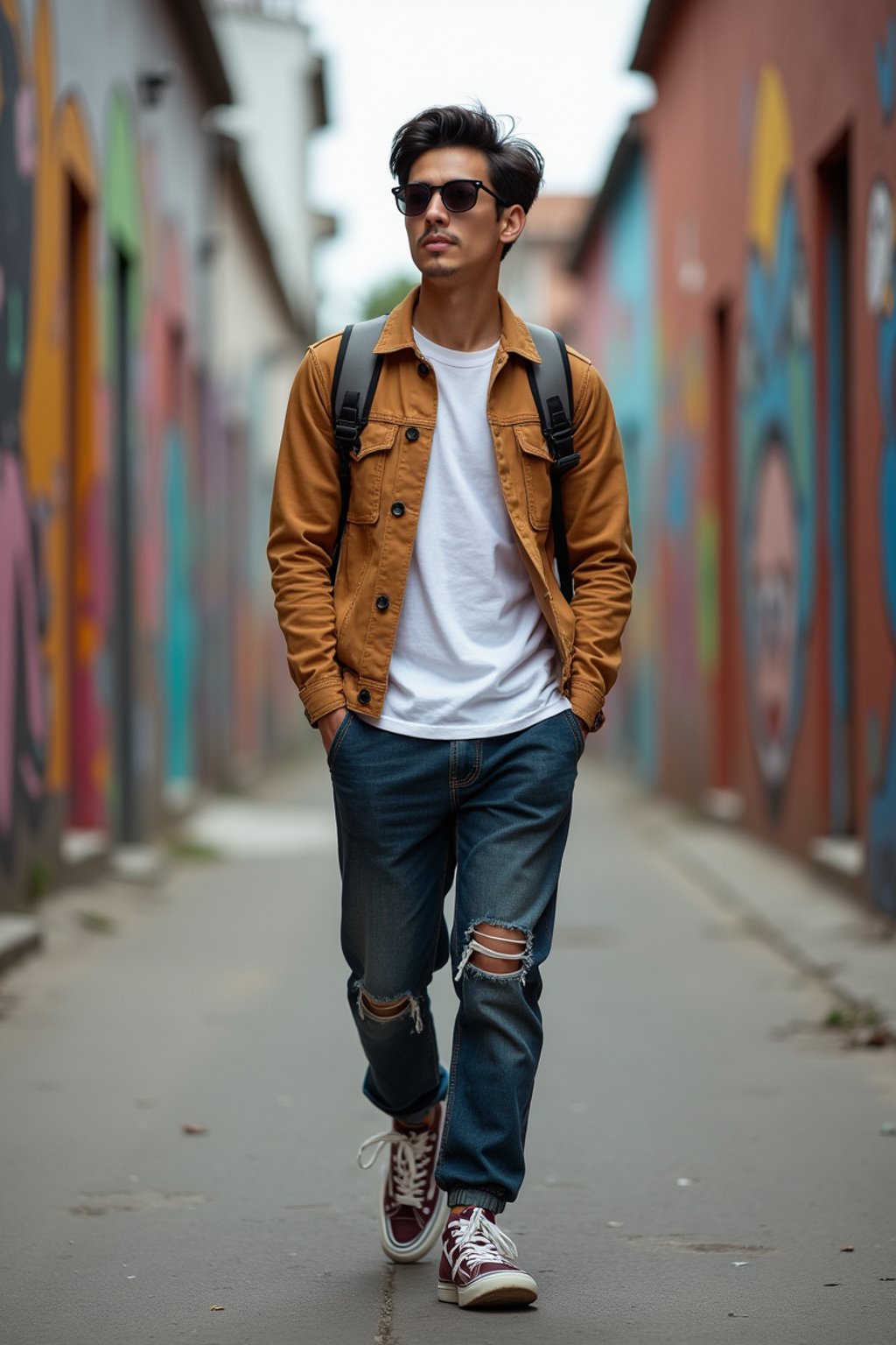 man wearing a trendy outfit, walking down a street lined with colorful murals