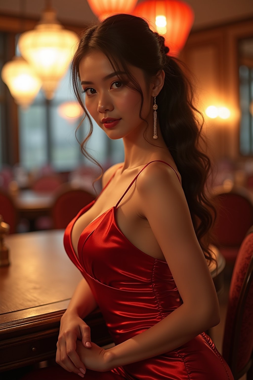 a woman wearing luxurious dress  in luxury restaurant, instagram photo, instagram, hourglass figure