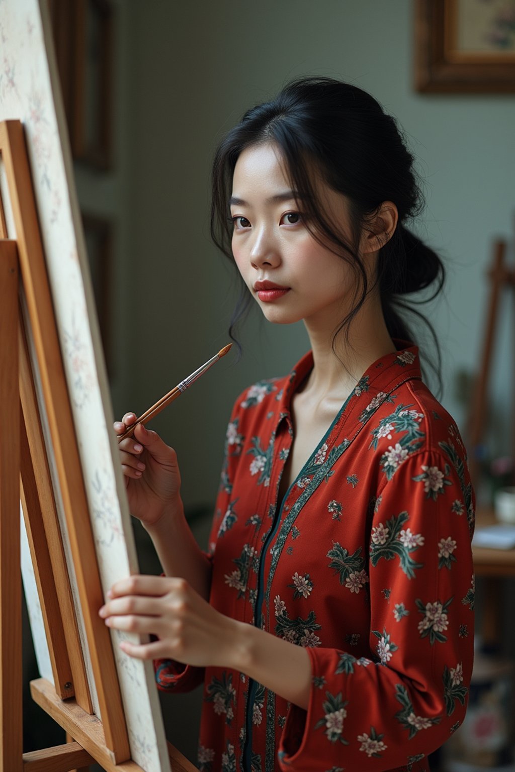 a woman as artistic painter in  art studio with wooden easel and paint