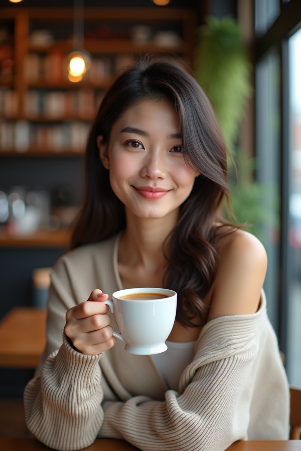 woman in a trendy café, holding a freshly brewed cup of coffee