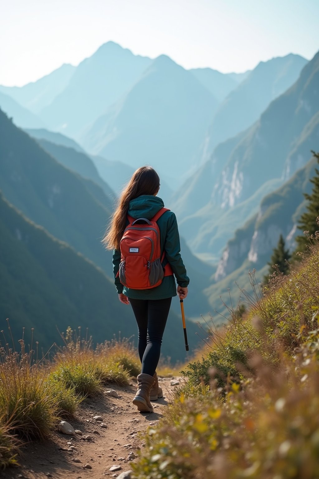 woman on a hiking trail, overlooking a breathtaking mountain landscape