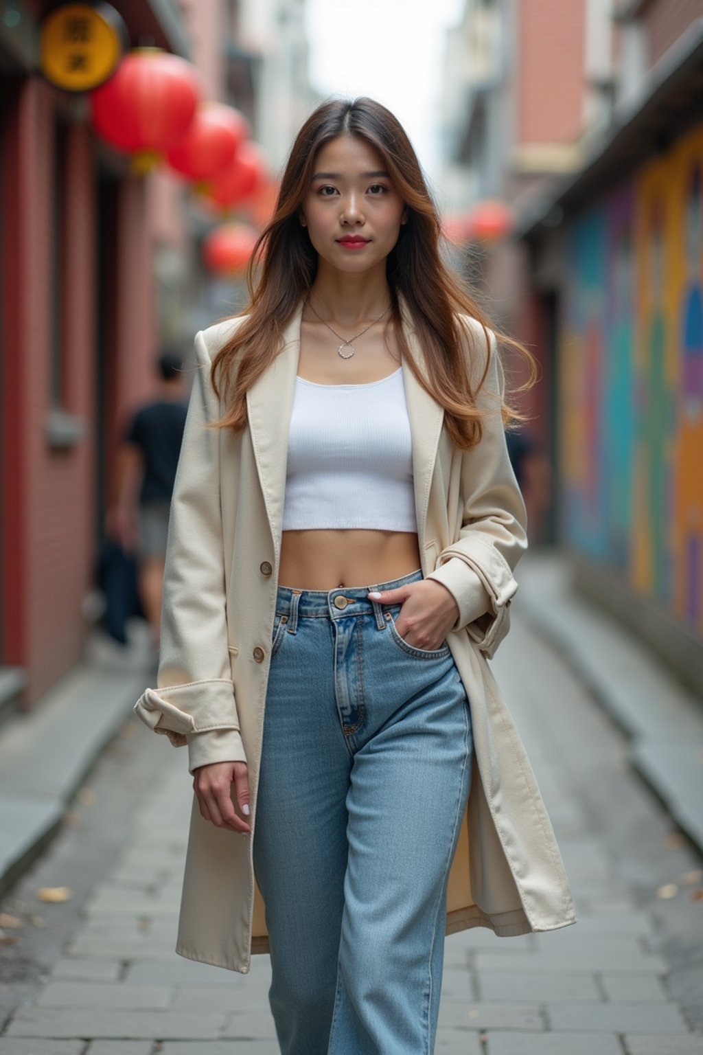 woman wearing a trendy outfit, walking down a street lined with colorful murals