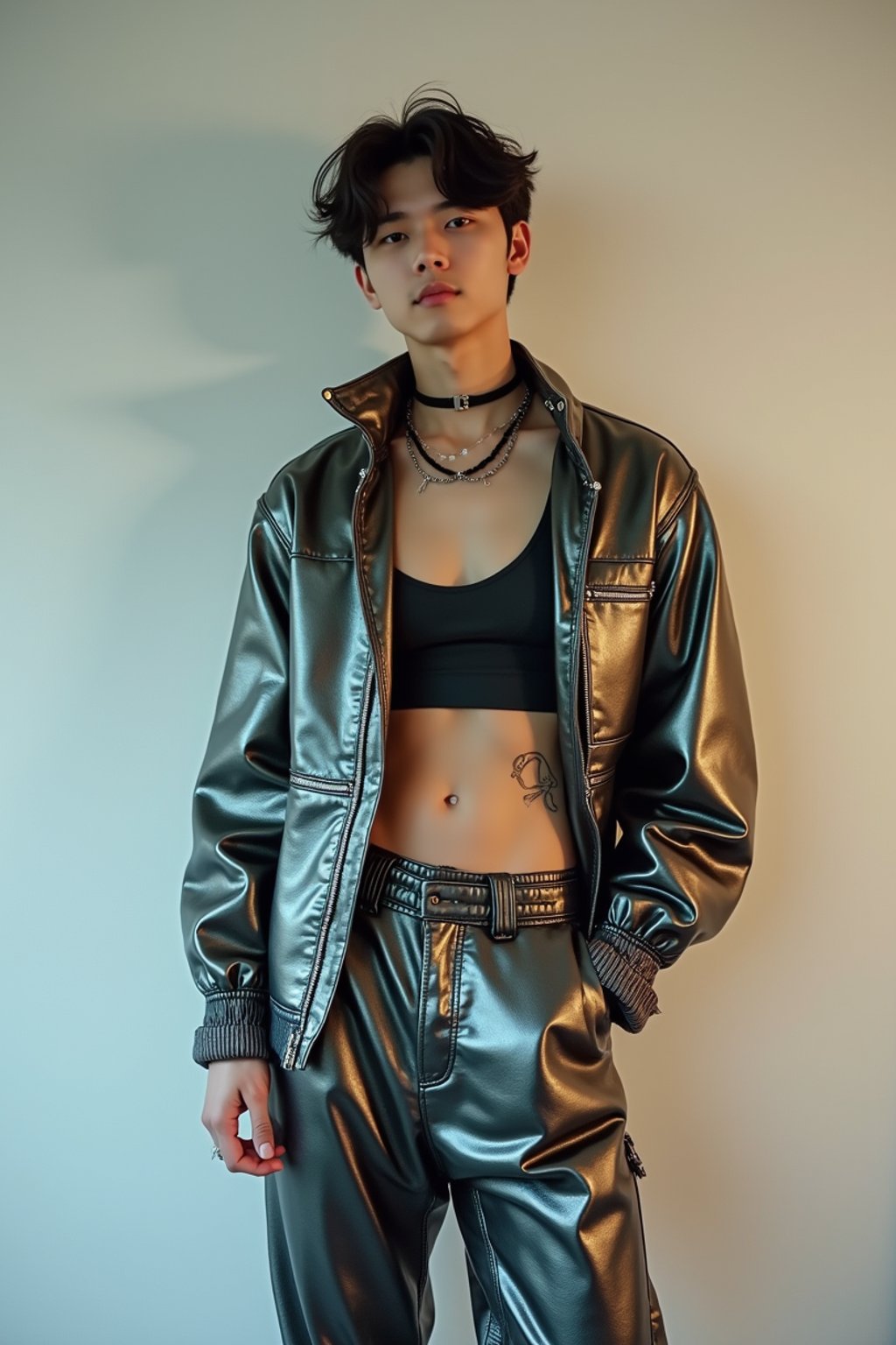 man wearing Y2K aesthetic, 2000s fashion, aughts style, noughties style, grunge or 2000s style, oversized washed out style, baggy pants, low rise pants or cargo pants, crop top, Choker, Metallic, iridescent fabrics, posing for photo