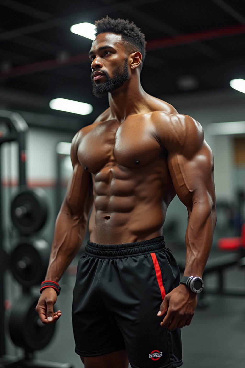 a fit man as fitness influencer wearing gym outfit in the bodybuilding gym