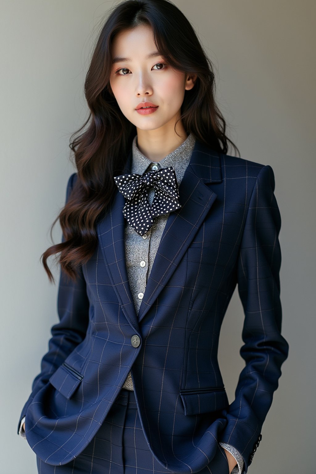 woman showcasing a unique windowpane check suit in a navy blue color with a patterned shirt and a contrasting bow tie