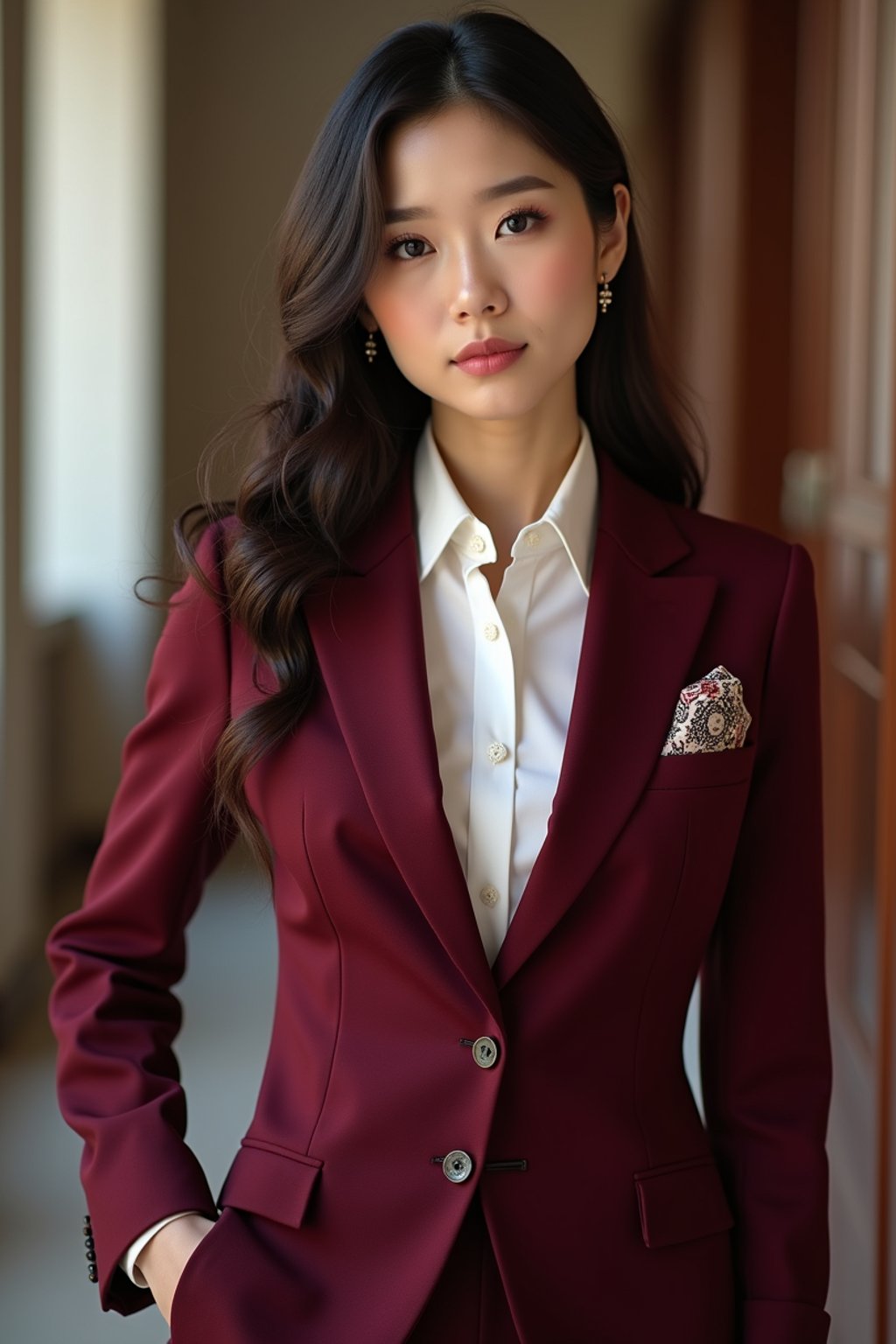 woman trying on a stylish three-piece suit in a rich burgundy color with a crisp white shirt and a paisley patterned pocket square