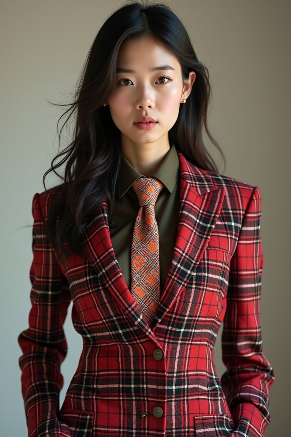 woman showcasing a dappersuit in a bold plaid pattern with a solid-colored shirt and a knitted tie