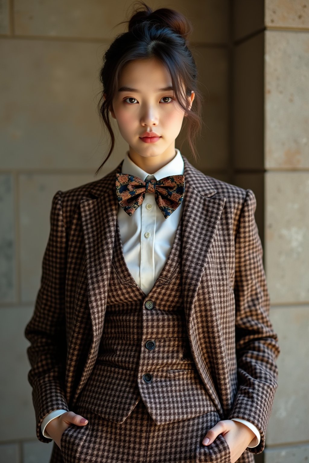 woman wearing a trendy tweed suit with a patterned bow tie and a contrasting vest