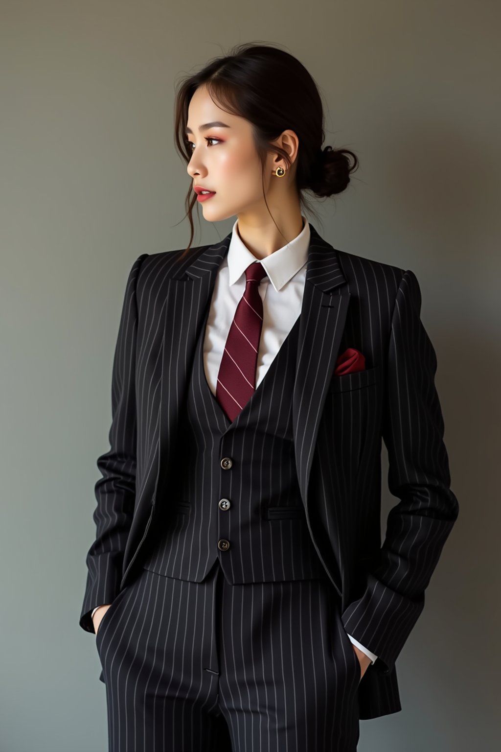 woman trying on a sophisticated pinstripe suit with a waistcoat and a burgundy tie