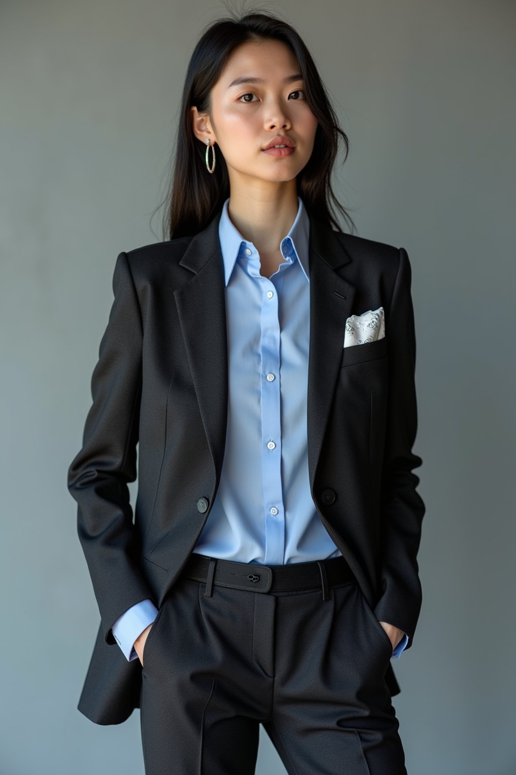 woman showcasing a modern slim-fit charcoal with a light blue dress shirt and a contrasting pocket square