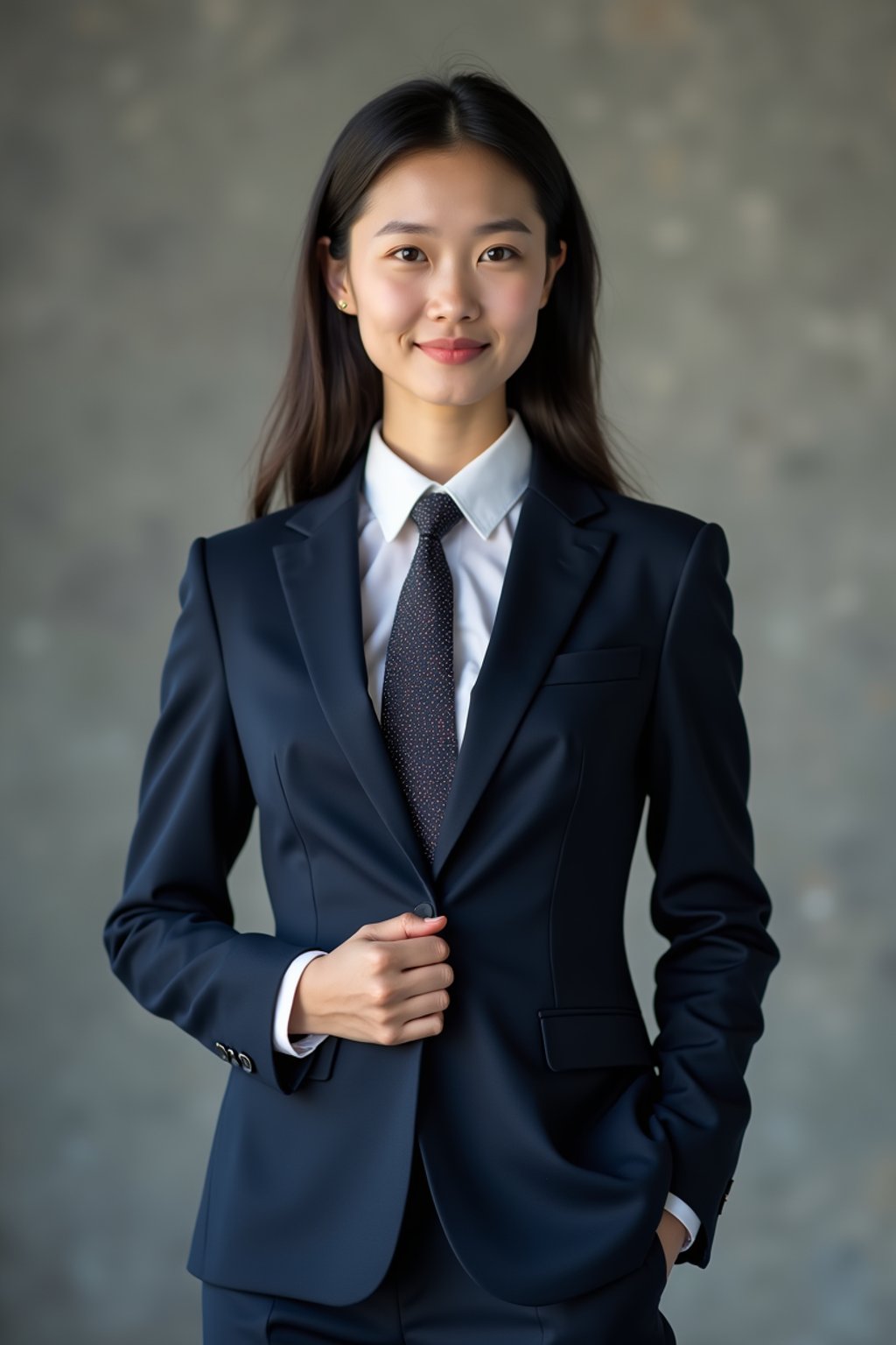 woman wearing a classic navy blue suit with a crisp white dress shirt and a patterned tie