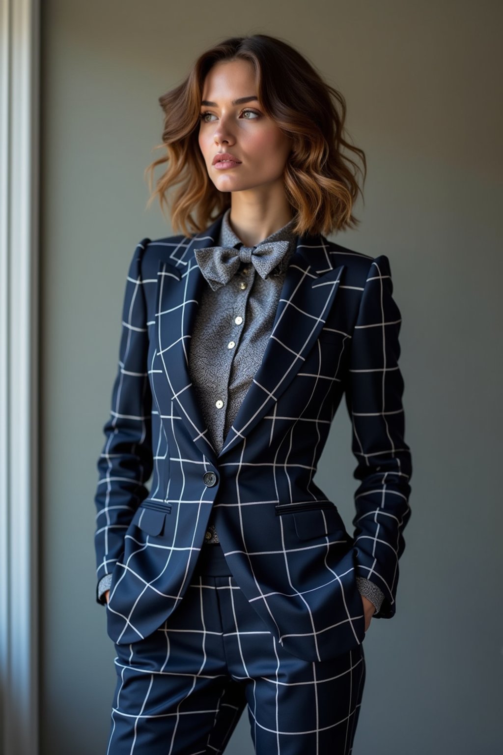 woman showcasing a unique windowpane check suit in a navy blue color with a patterned shirt and a contrasting bow tie