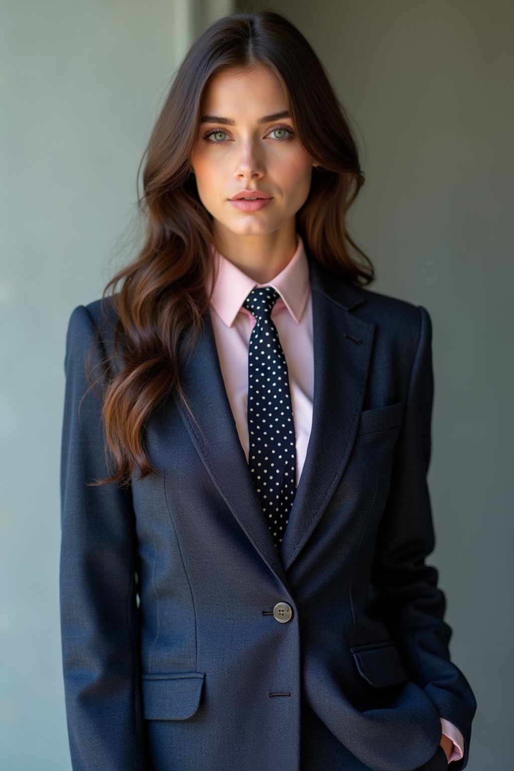 woman wearing a classic navy herringbone suit with a light pink dress shirt and a polka dot tie