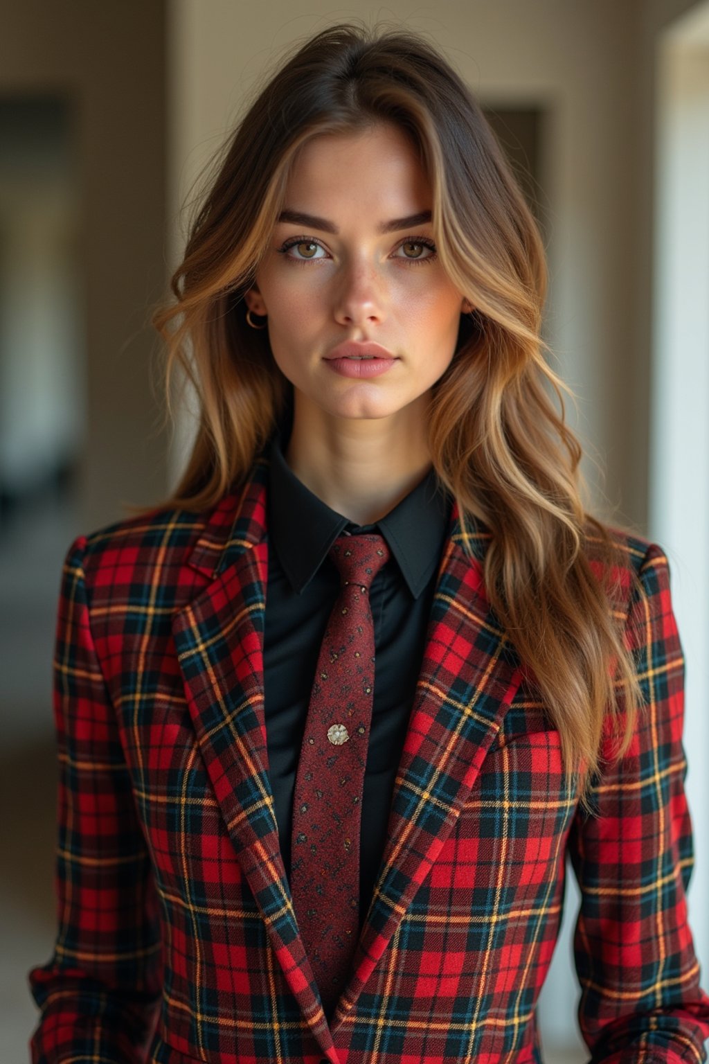 woman showcasing a dappersuit in a bold plaid pattern with a solid-colored shirt and a knitted tie