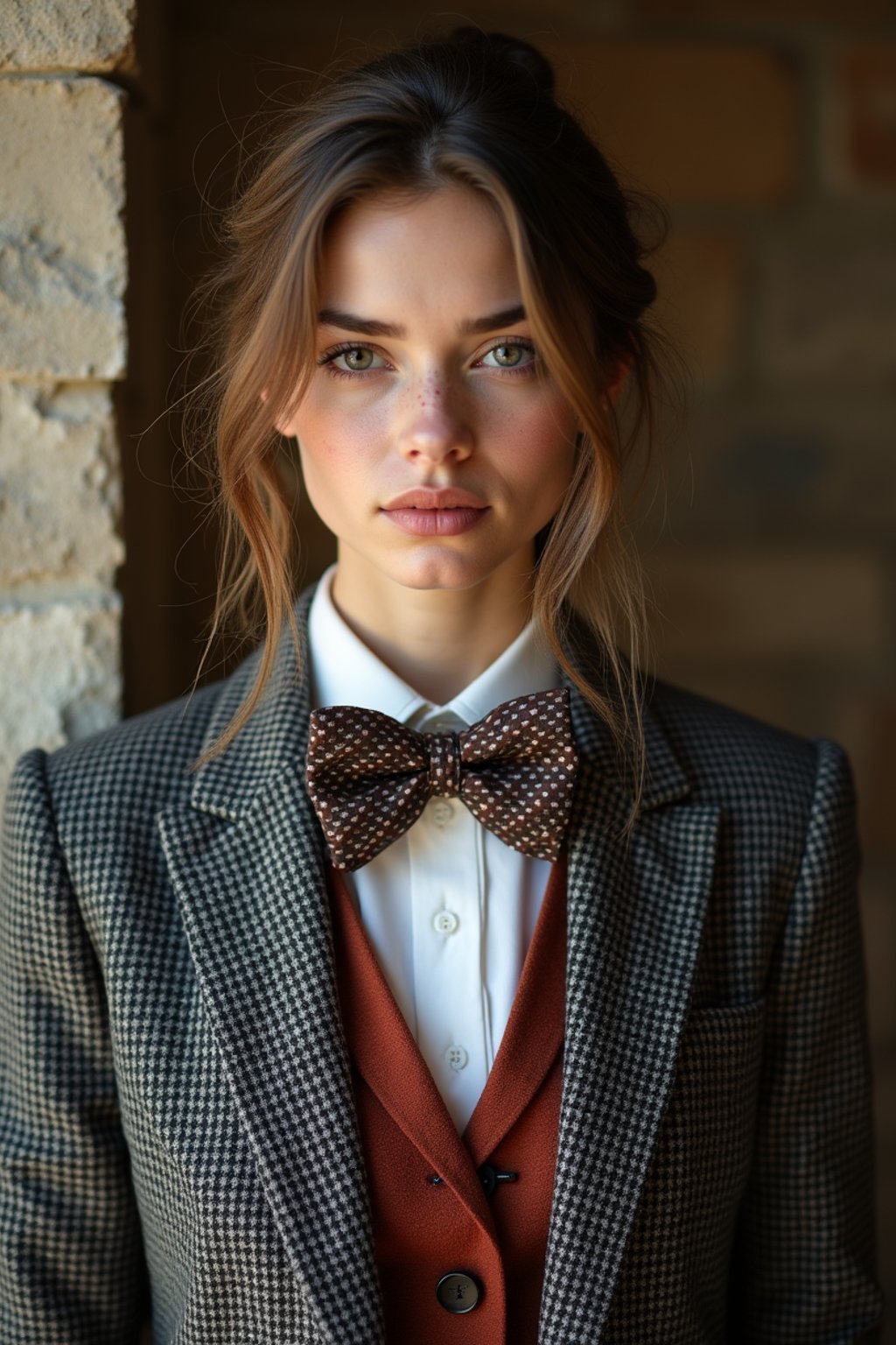 woman wearing a trendy tweed suit with a patterned bow tie and a contrasting vest