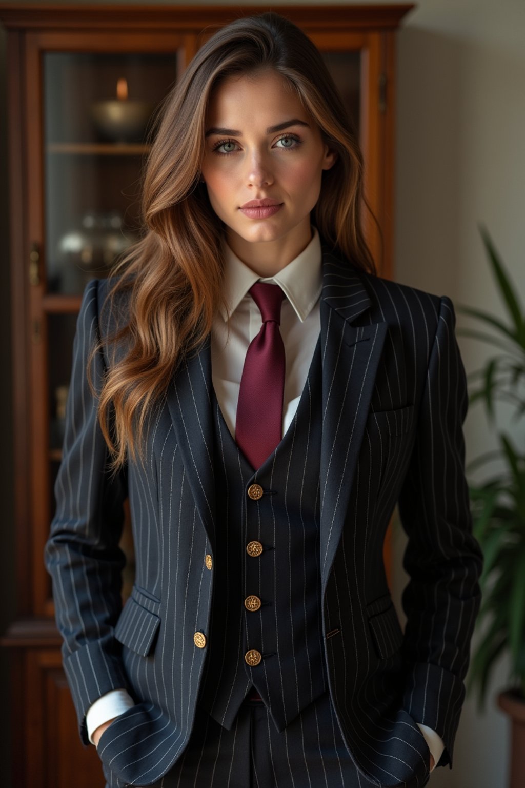 woman trying on a sophisticated pinstripe suit with a waistcoat and a burgundy tie