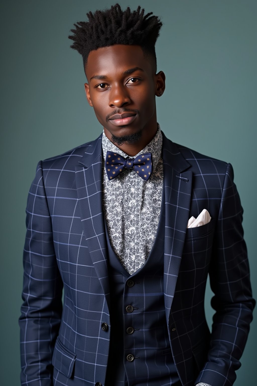 handsome and stylish man showcasing a unique windowpane check suit in a navy blue color with a patterned shirt and a contrasting bow tie