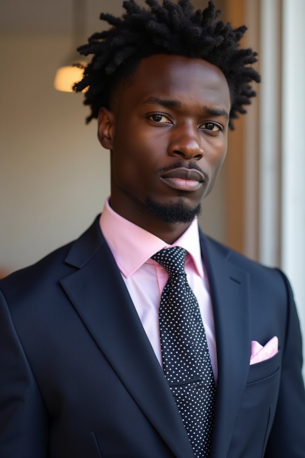 handsome and stylish man wearing a classic navy herringbone suit with a light pink dress shirt and a polka dot tie