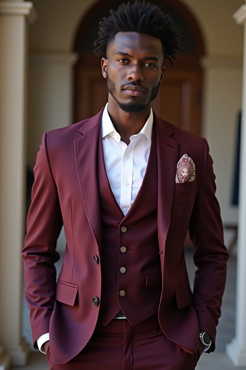 handsome and stylish man trying on a stylish three-piece suit in a rich burgundy color with a crisp white shirt and a paisley patterned pocket square