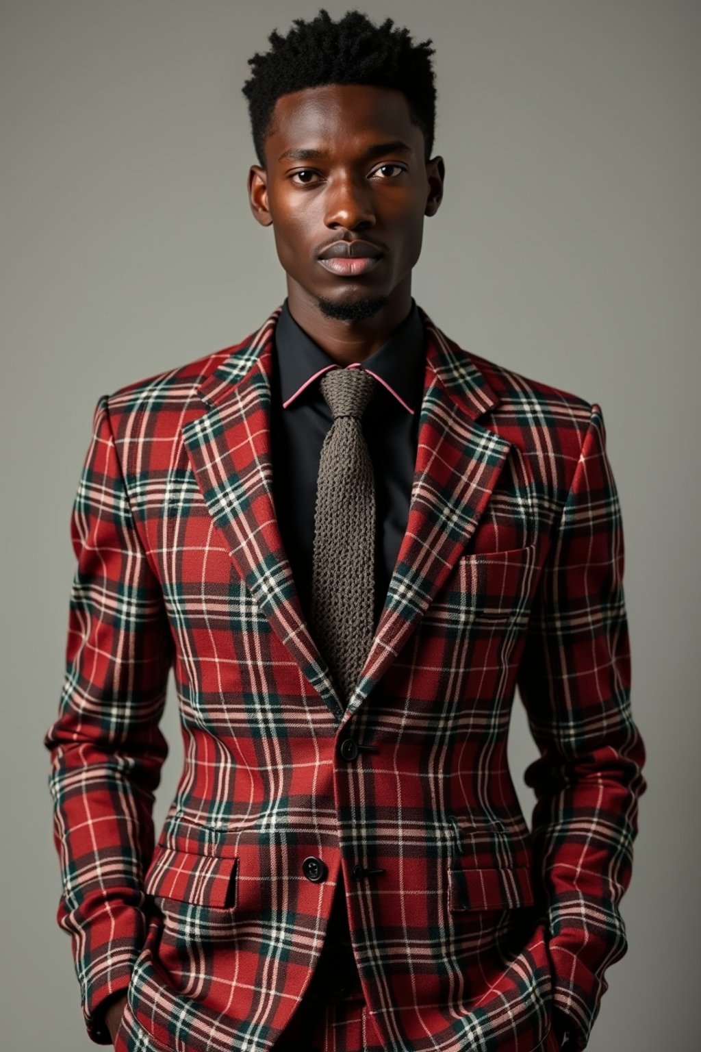 handsome and stylish man showcasing a dappersuit in a bold plaid pattern with a solid-colored shirt and a knitted tie