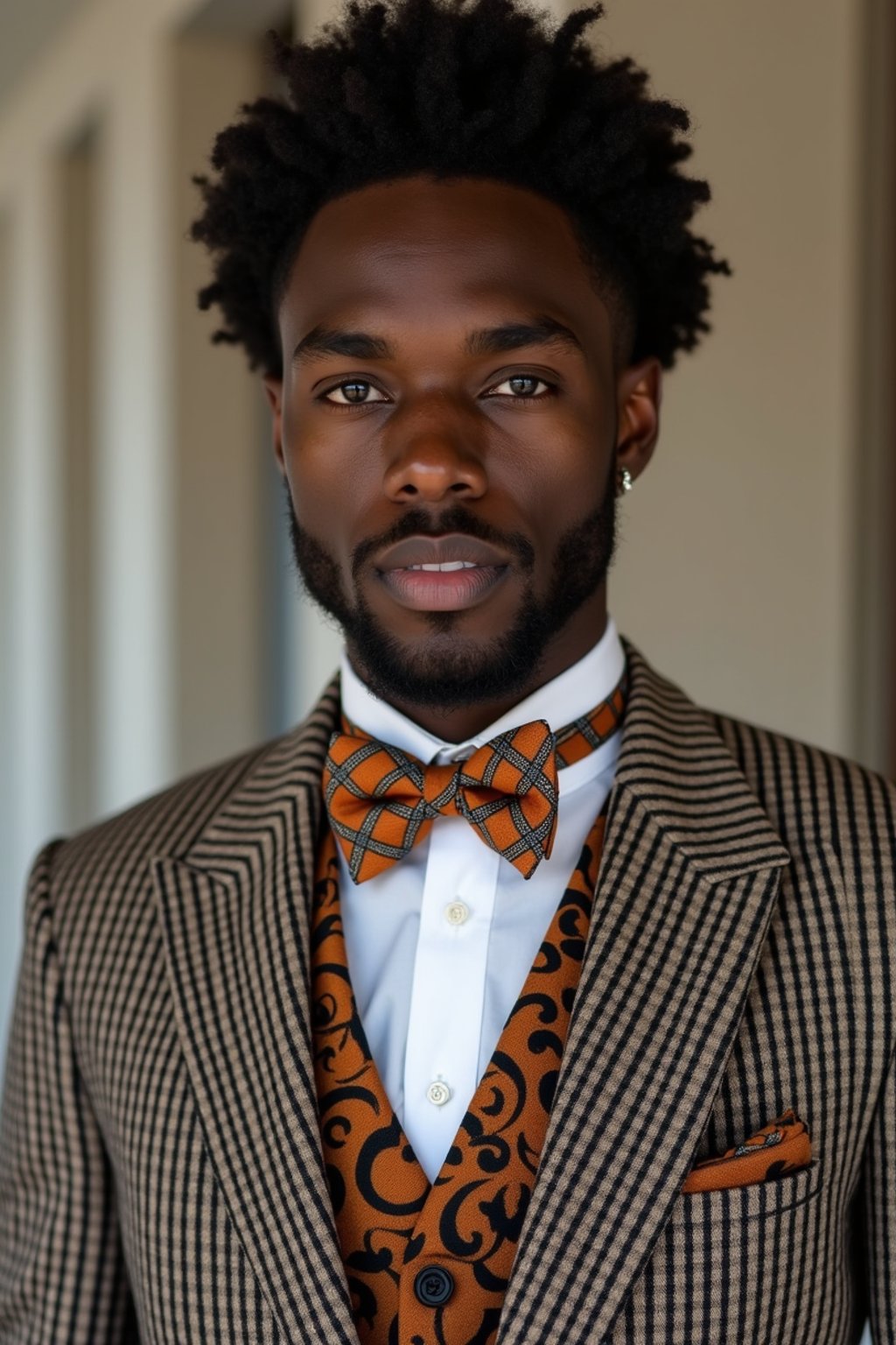 handsome and stylish man wearing a trendy tweed suit with a patterned bow tie and a contrasting vest