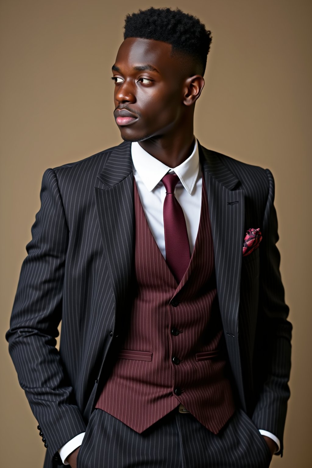 handsome and stylish man trying on a sophisticated pinstripe suit with a waistcoat and a burgundy tie