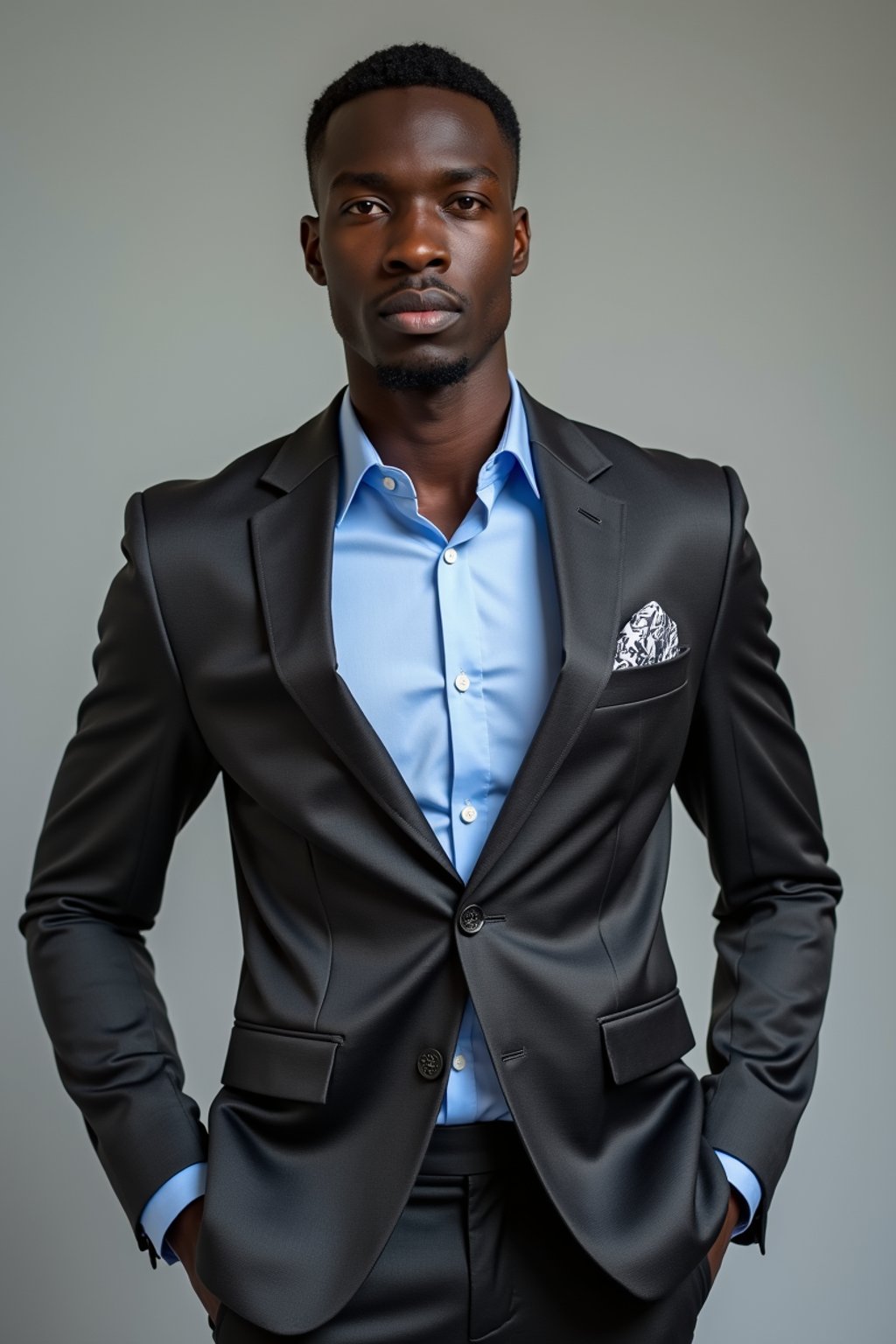 handsome and stylish man showcasing a modern slim-fit charcoal with a light blue dress shirt and a contrasting pocket square