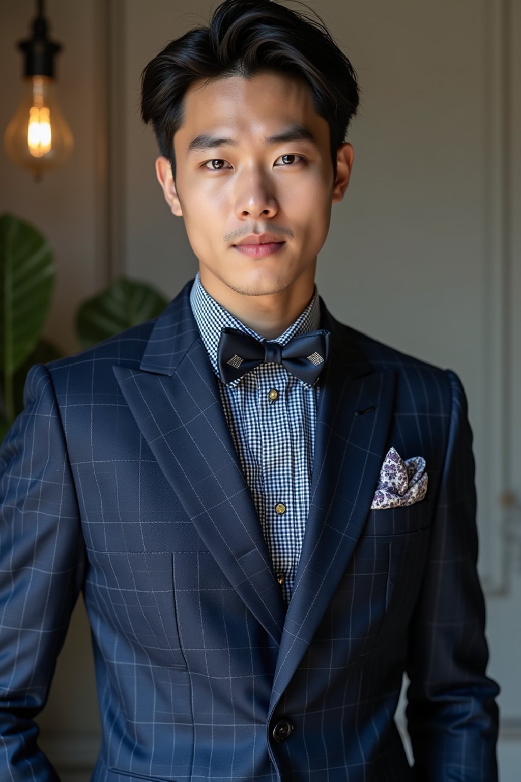 handsome and stylish man showcasing a unique windowpane check suit in a navy blue color with a patterned shirt and a contrasting bow tie