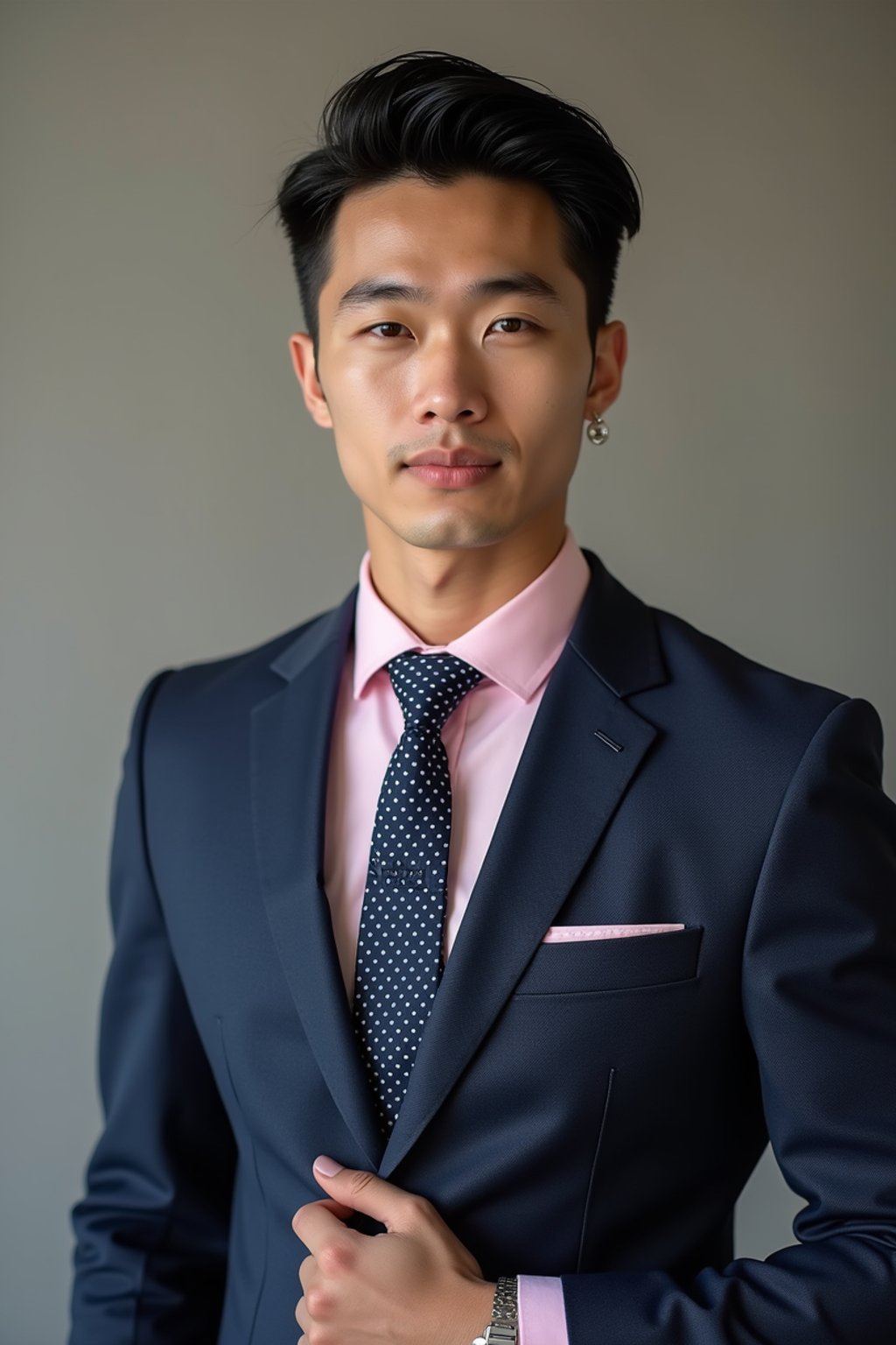 handsome and stylish man wearing a classic navy herringbone suit with a light pink dress shirt and a polka dot tie