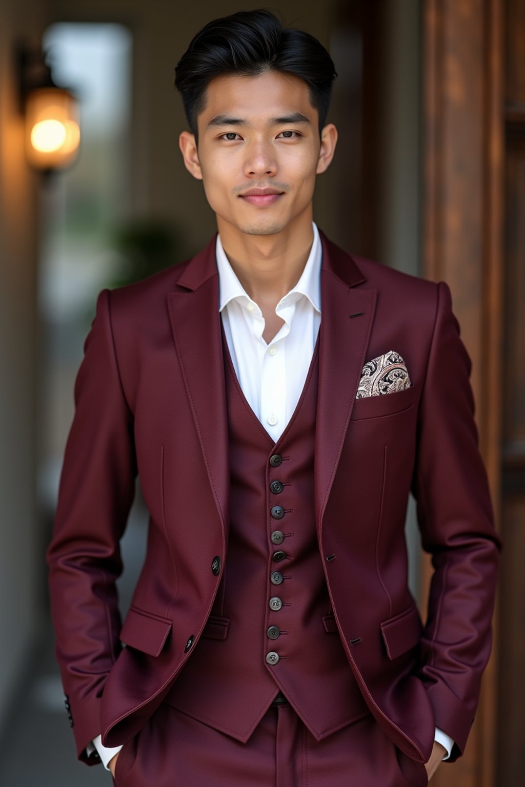 handsome and stylish man trying on a stylish three-piece suit in a rich burgundy color with a crisp white shirt and a paisley patterned pocket square