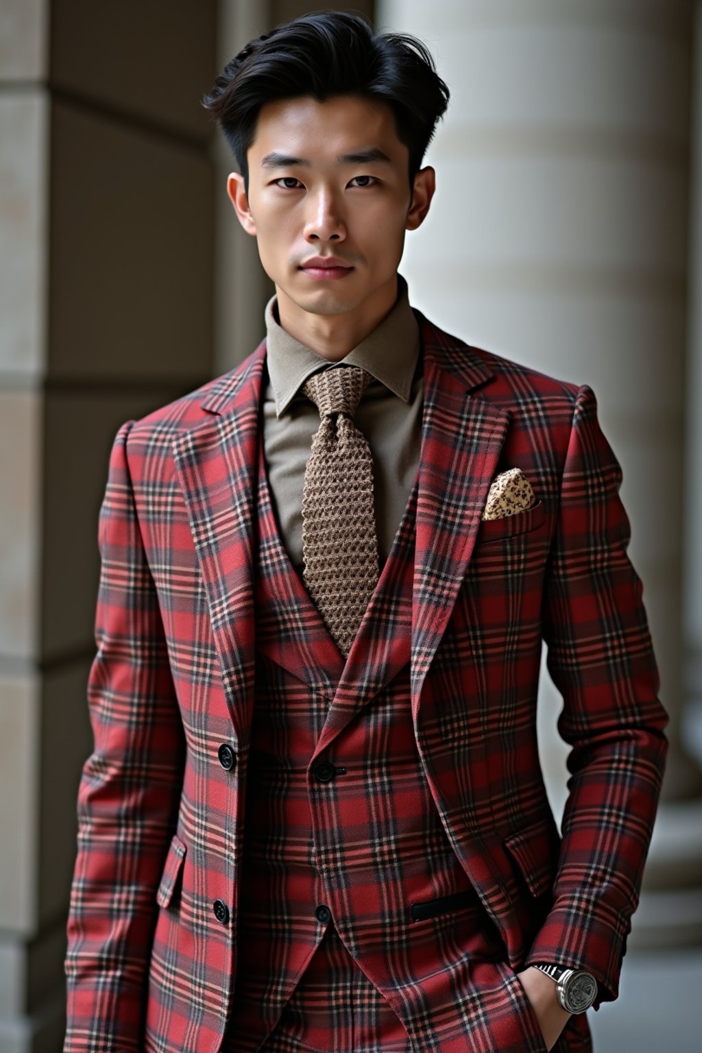 handsome and stylish man showcasing a dappersuit in a bold plaid pattern with a solid-colored shirt and a knitted tie