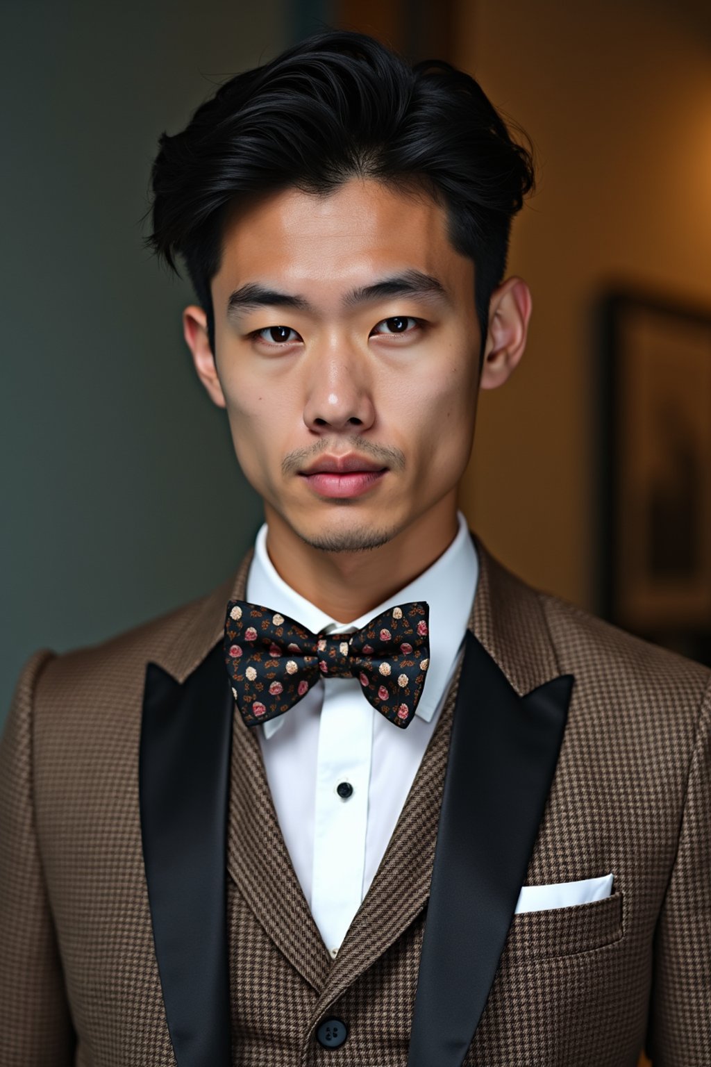 handsome and stylish man wearing a trendy tweed suit with a patterned bow tie and a contrasting vest