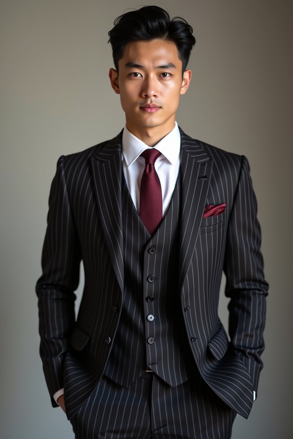 handsome and stylish man trying on a sophisticated pinstripe suit with a waistcoat and a burgundy tie