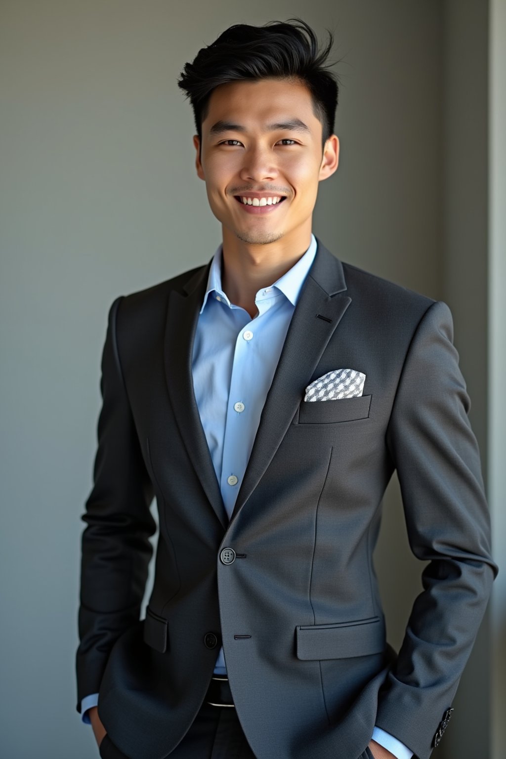 handsome and stylish man showcasing a modern slim-fit charcoal with a light blue dress shirt and a contrasting pocket square