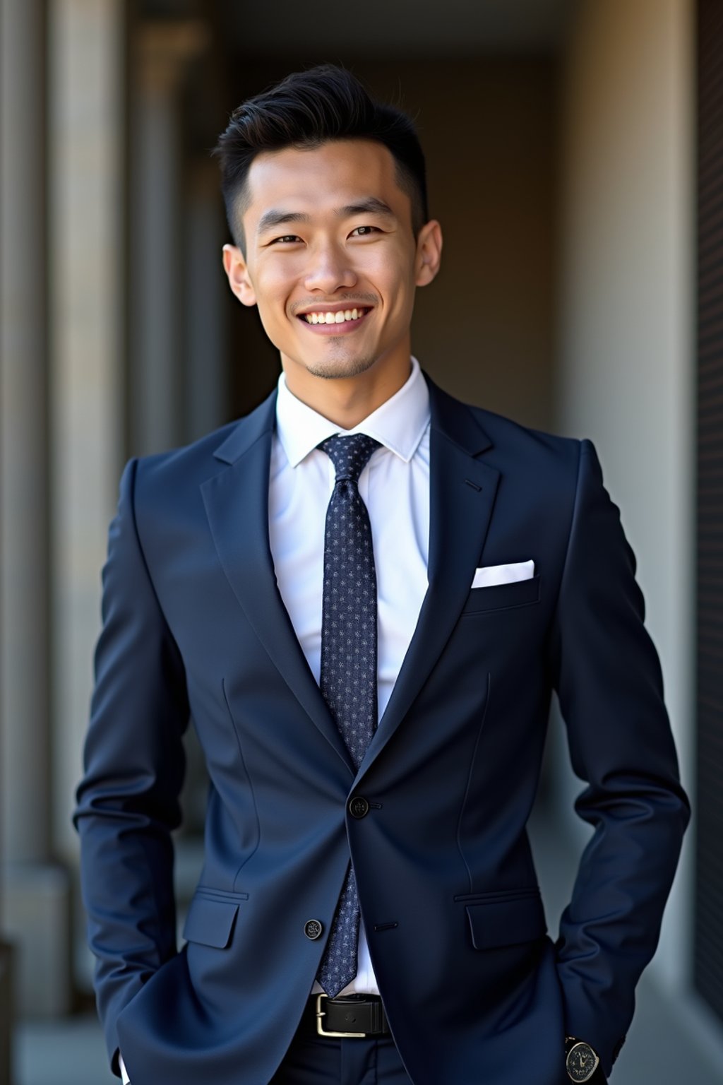 handsome and stylish man wearing a classic navy blue suit with a crisp white dress shirt and a patterned tie