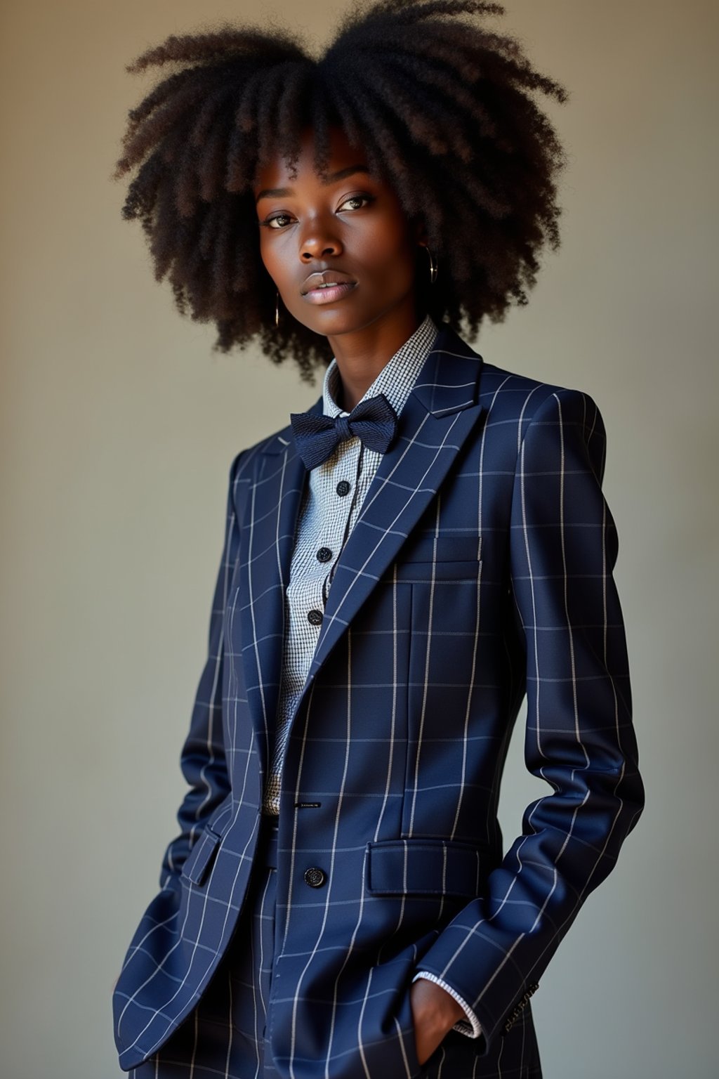 woman showcasing a unique windowpane check suit in a navy blue color with a patterned shirt and a contrasting bow tie