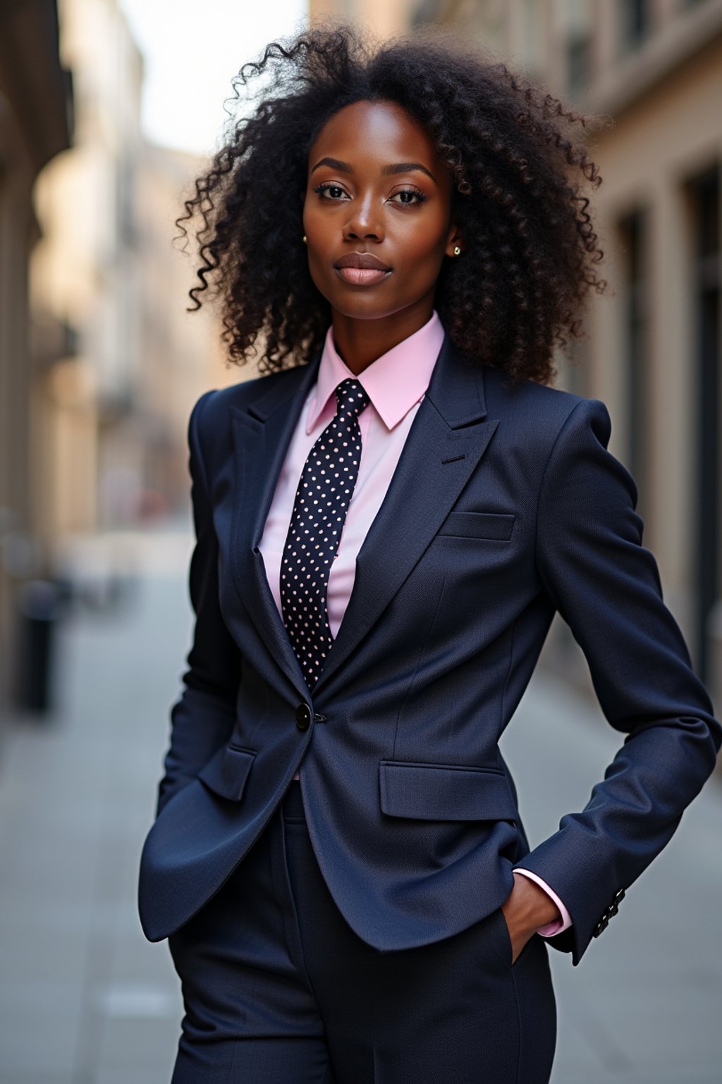 woman wearing a classic navy herringbone suit with a light pink dress shirt and a polka dot tie