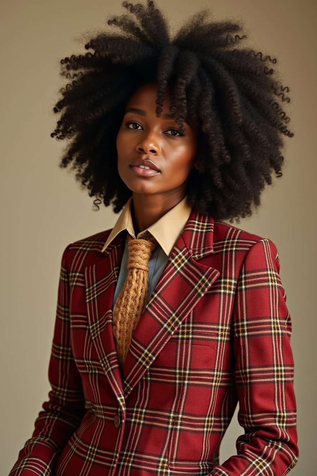 woman showcasing a dappersuit in a bold plaid pattern with a solid-colored shirt and a knitted tie