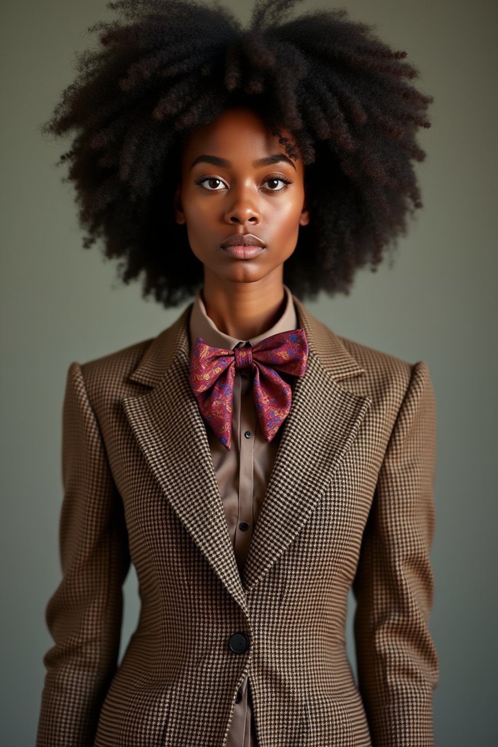 woman wearing a trendy tweed suit with a patterned bow tie and a contrasting vest