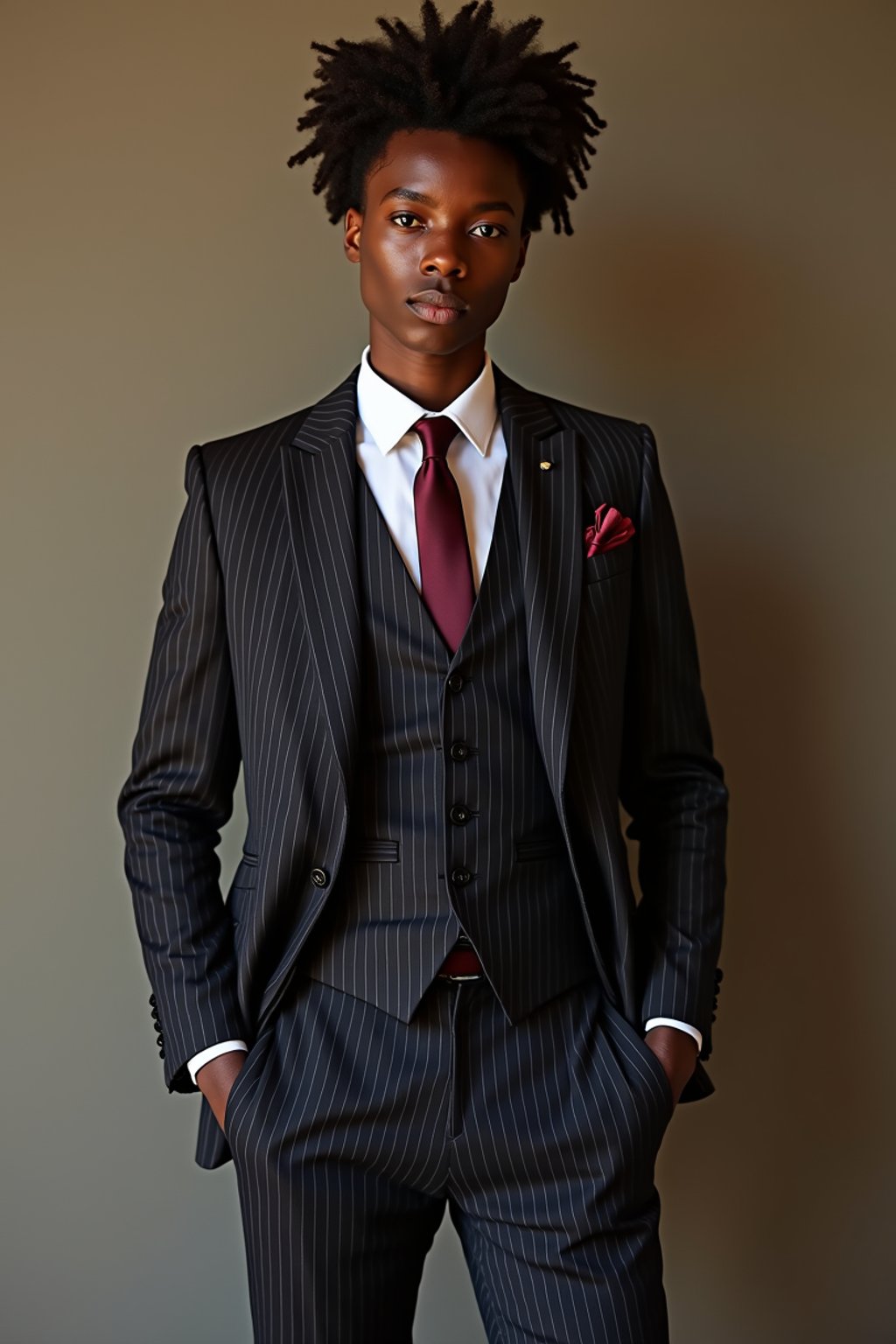 woman trying on a sophisticated pinstripe suit with a waistcoat and a burgundy tie