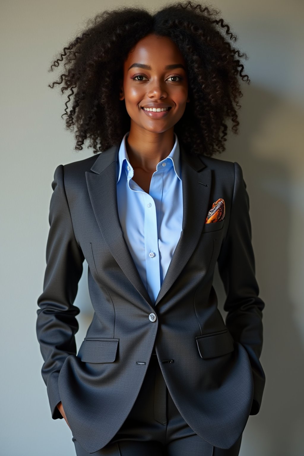 woman showcasing a modern slim-fit charcoal with a light blue dress shirt and a contrasting pocket square